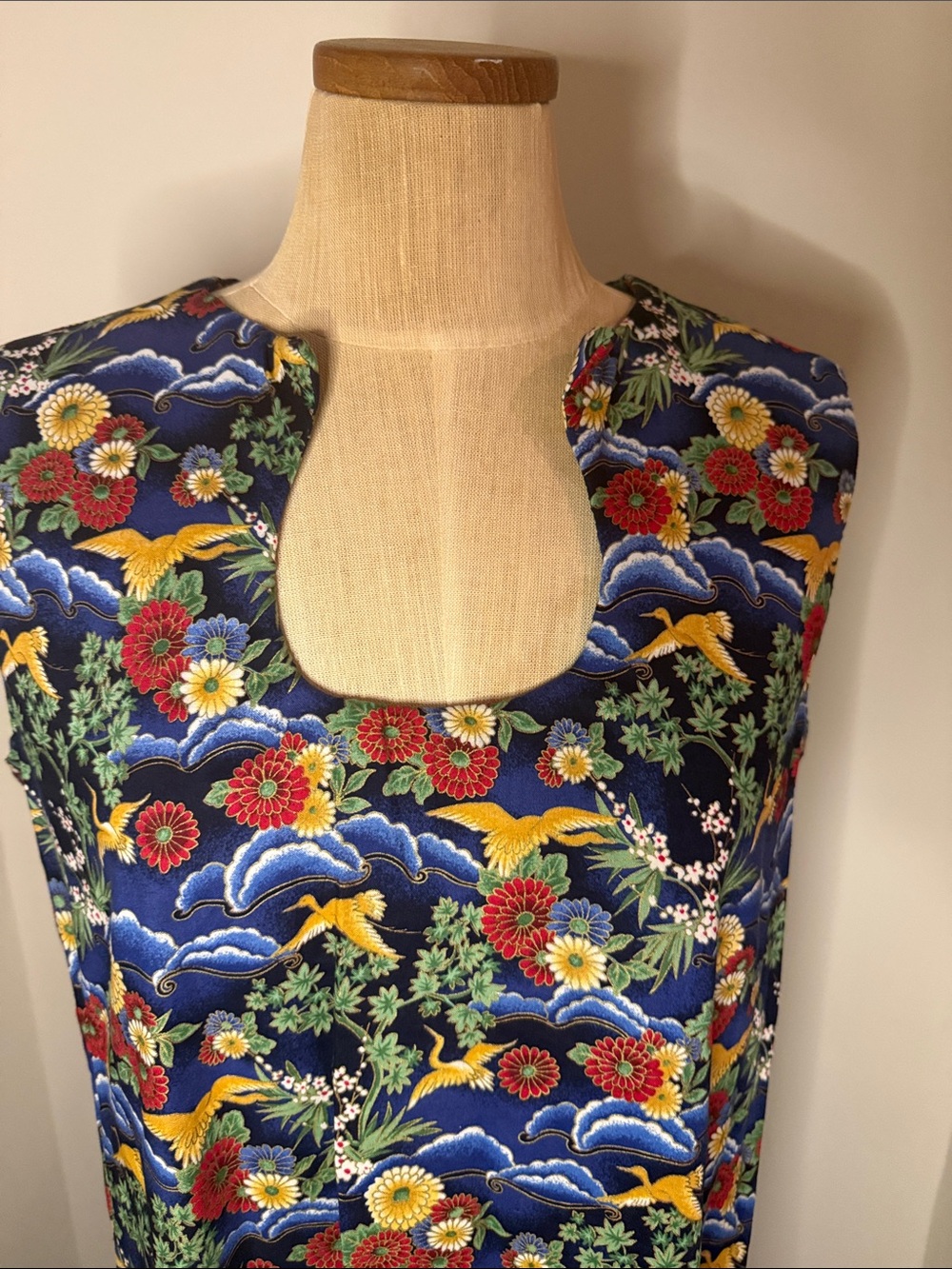 Vibrant Floral & Crane Satin Top in Navy, Red, Yellow